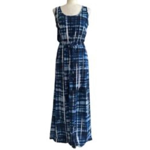 Calvin Klein maxi dress size 10 tie dye blue white elastic waist sleeveless - Picture 2 of 8